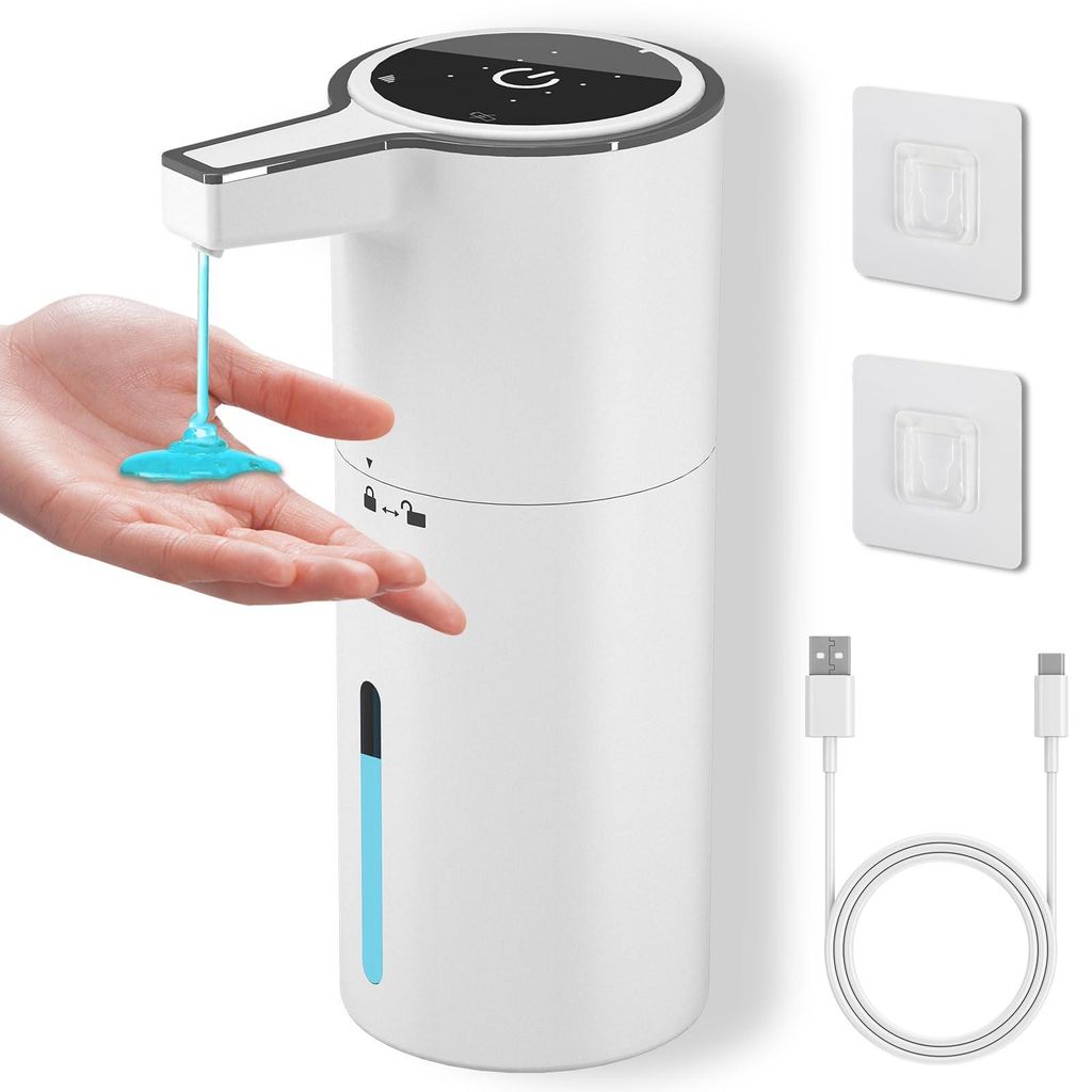 Automatischer Seifenspender, weiß, 400 ml, elektrischer Seifenspender, Wandmontage mit 4 verstellbaren Positionen, 1800 mAh USB-C-Akku, wiederaufl...