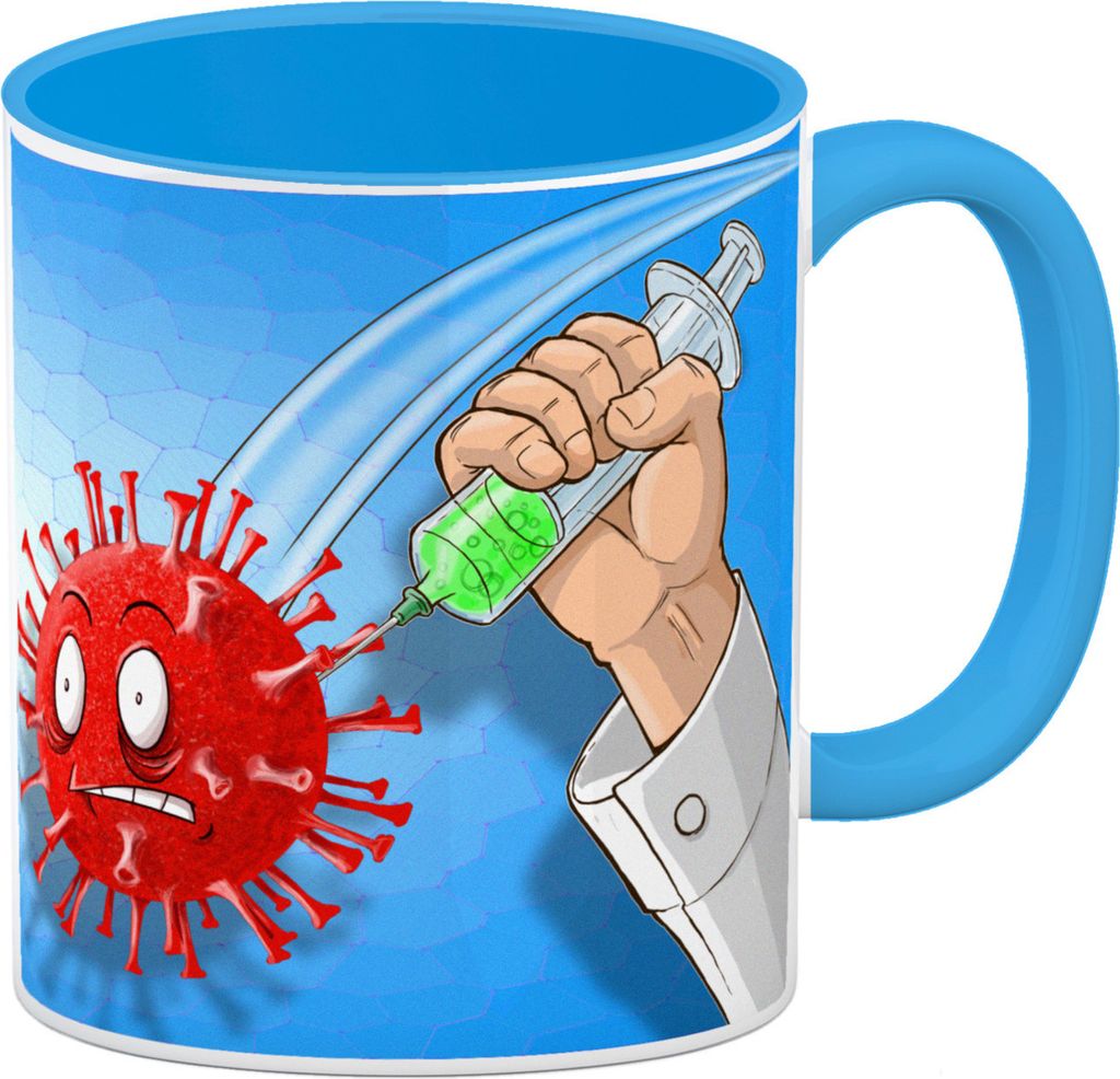 Kaffeebecher Hellblau mit Virus und Spritzen Motiv - Geimpft! Lustiger Impfhumor