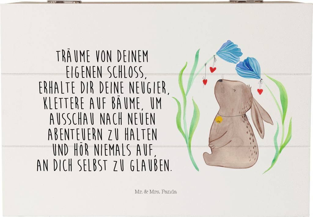Mr. & Mrs. Panda Holztruhe Hase Blume 22 x 15 cm - Weiß - Geschenk, Holzbox, Kindergeburtstag, Geburtstag, Hoffnung, fotobox, Kaninchen, Schatzkis...
