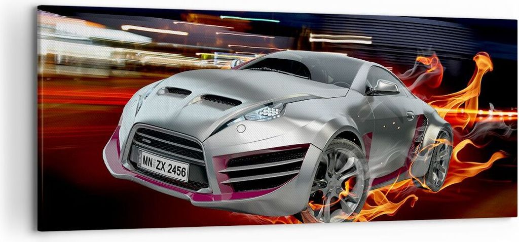 Bild auf Leinwand - Leinwandbild - Sportwagen Feuer Rauch - 120x50cm - Wand Bild - Wanddeko - Leinwanddruck - Bilder - Kunstdruck - Wanddekoration ...
