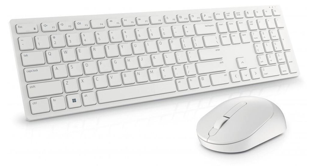 A white wireless keyboard and mouse set on a white background.