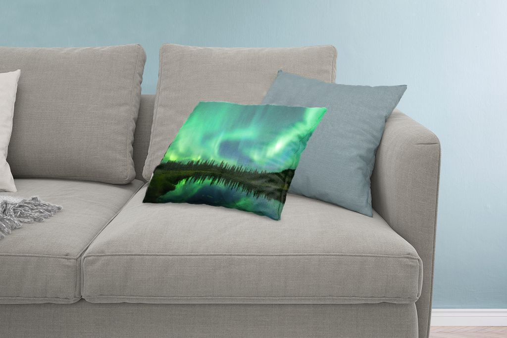 MuchoWow Zierkissen Sofakissen Wohnzimmer Dekokissen 60x40 cm Nordlicht - Bäume - Wasser - Alaska - Kopfkissen - Polster mit Foto