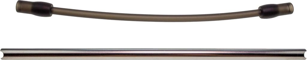 A dark gray tube with black connectors and a silver tube are laid out against a white background.