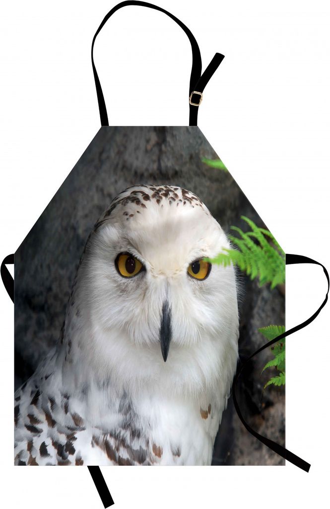 ABAKUHAUS Magier Kochschürze, Pattern White Owl Themen Tier Grün Blätter Bernstein Augen Geschenk Hexerei Print, Farbfest Höhenverstellbar Wasc...