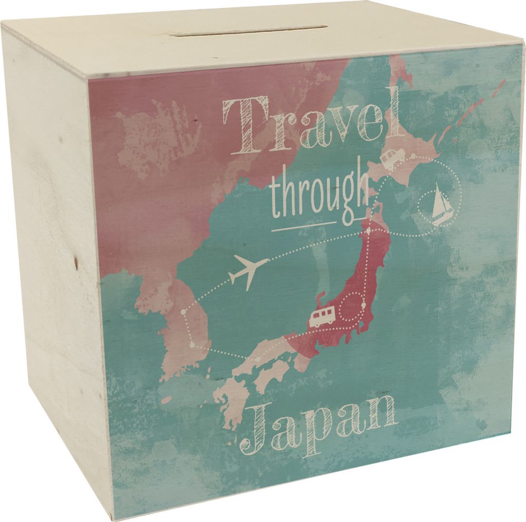 Spardose aus Holz mit Japan Karte und Spruch - travel Produktbild 