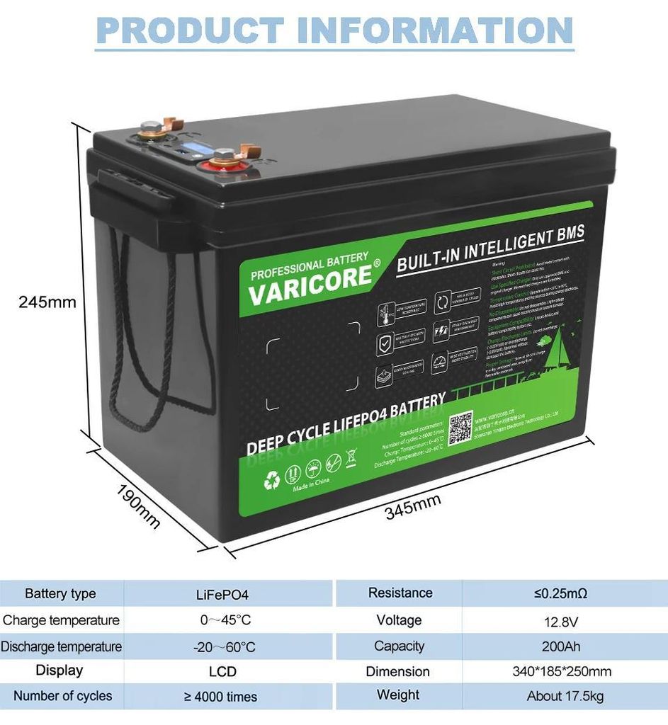 12V 340Ah Lithium Batterie - LiFePO4 Versorgerbatterie - Deep Cycle - Integriertes BMS - LCD Anzeige - 20A Laden - Für Wohnmobil Boot Solaranlage