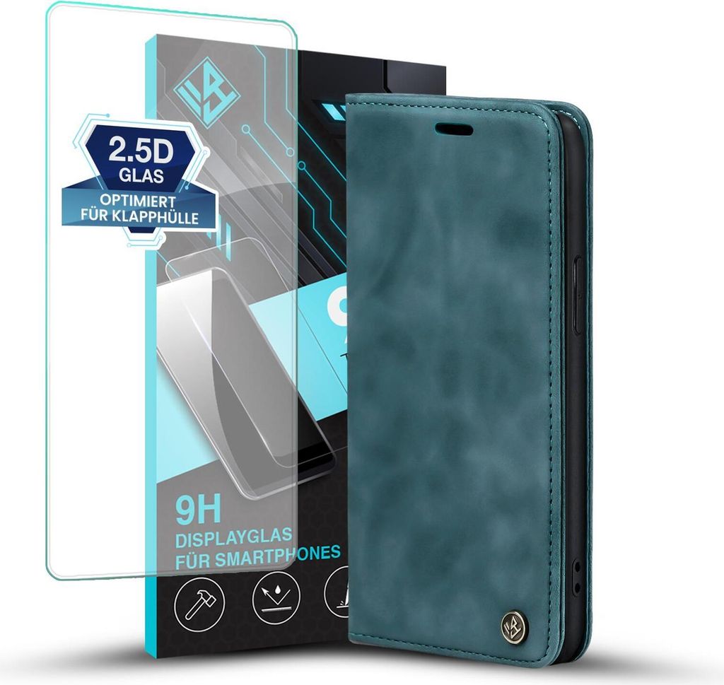 Handy Hülle für Apple iPhone 13 mit 9H Displayglas Klapphülle Bookcase Flip Cover Handy Tasche Etui Farbe: Petrol