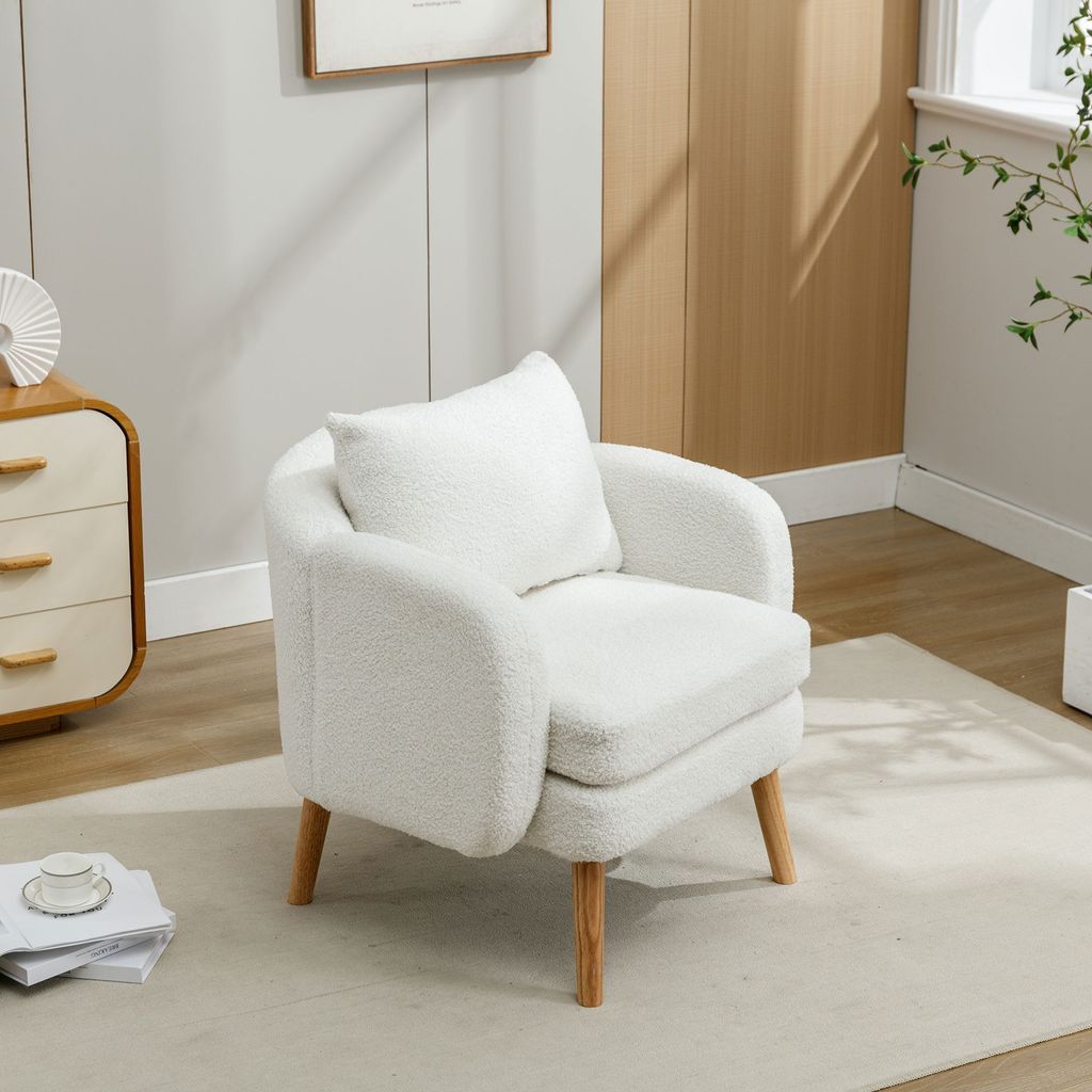 Schlichter Teddy-Samt-Sessel Kissen extra dicker gepolsterter Sessel Freizeit-Stuhl Massivholz Beinstuhl Kissen-Sessel einzelner Sofa-Sessel Weiß