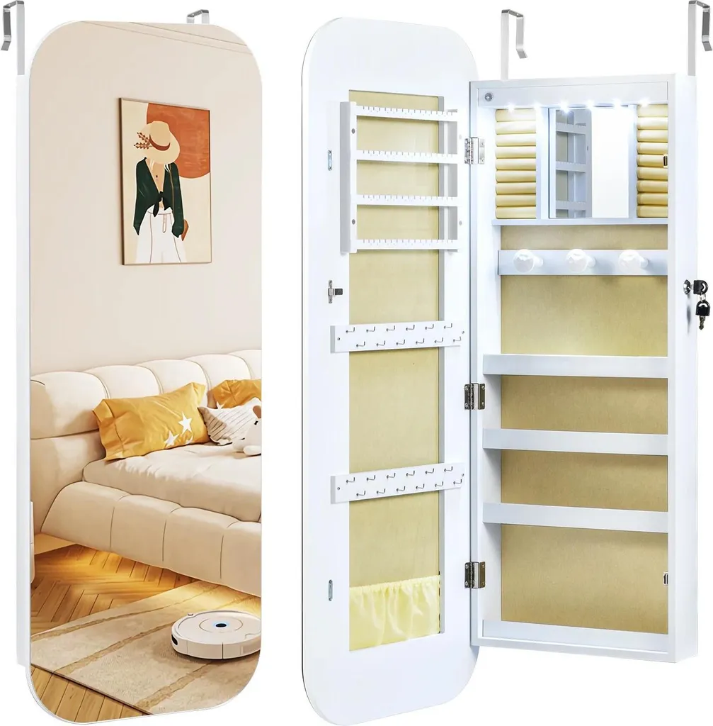Armoire à bijoux verrouillable 6 LED avec miroir pleine longueur en bois