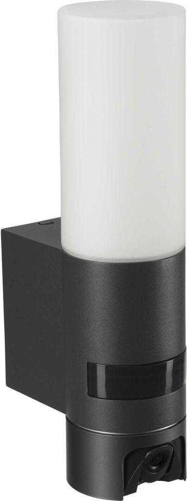 A black outdoor wall light with a white cylindrical lamp shade.