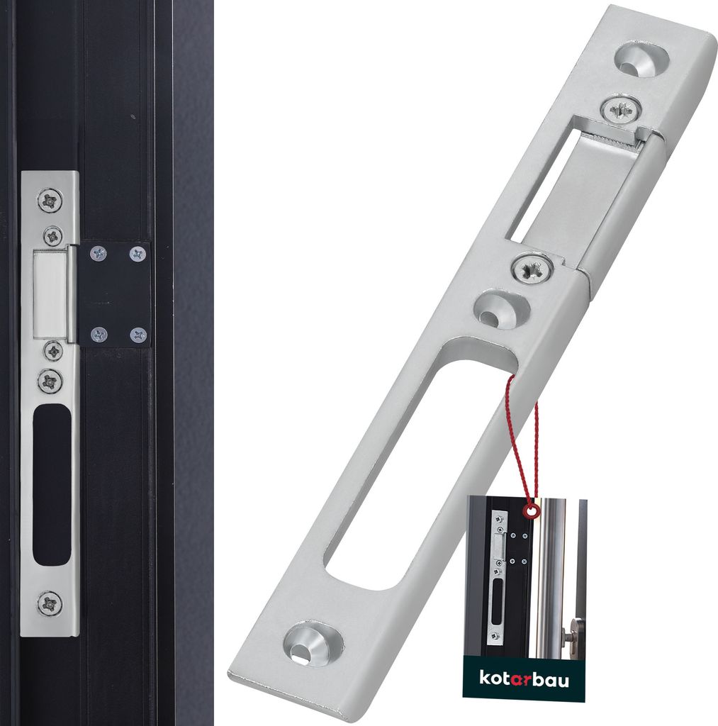 A product shot of a door lock strike plate, with a close-up of the product on the left and a separate shot of the strike plate on the right.