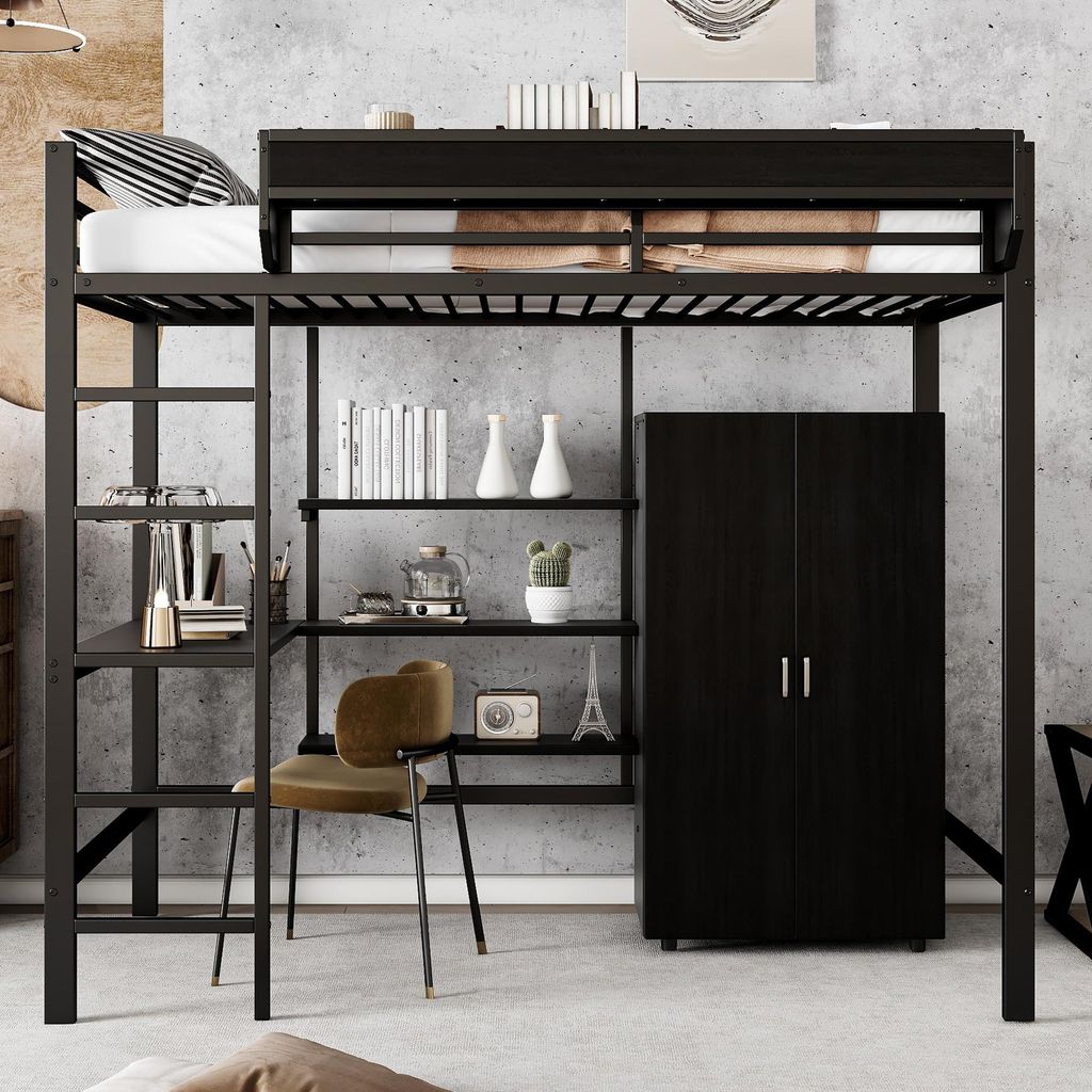 Sweiko Eisenbett, Etagenbett, Geeignet für Kinder und Heranwachsende, Mit Tisch und Kleiderschrank, Reichlich Ablagefächer, Mit 5-stufiger Leiter...