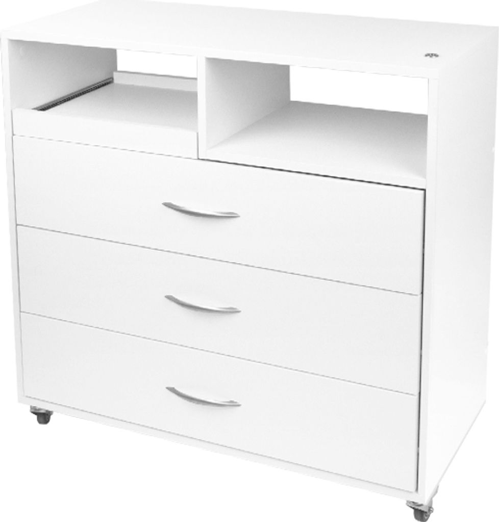 A white cosmetic and podiatry trolley with three drawers and open shelving above.
