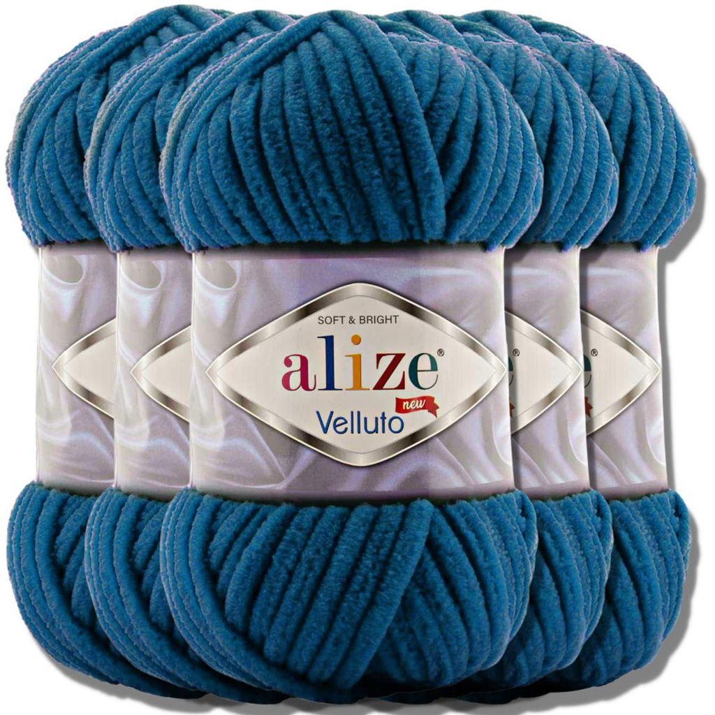 Alize 5x 100g Velluto dicke Wolle, Uni, Chenille, Häkeln, Stricken (Mykonos Blue | 646)