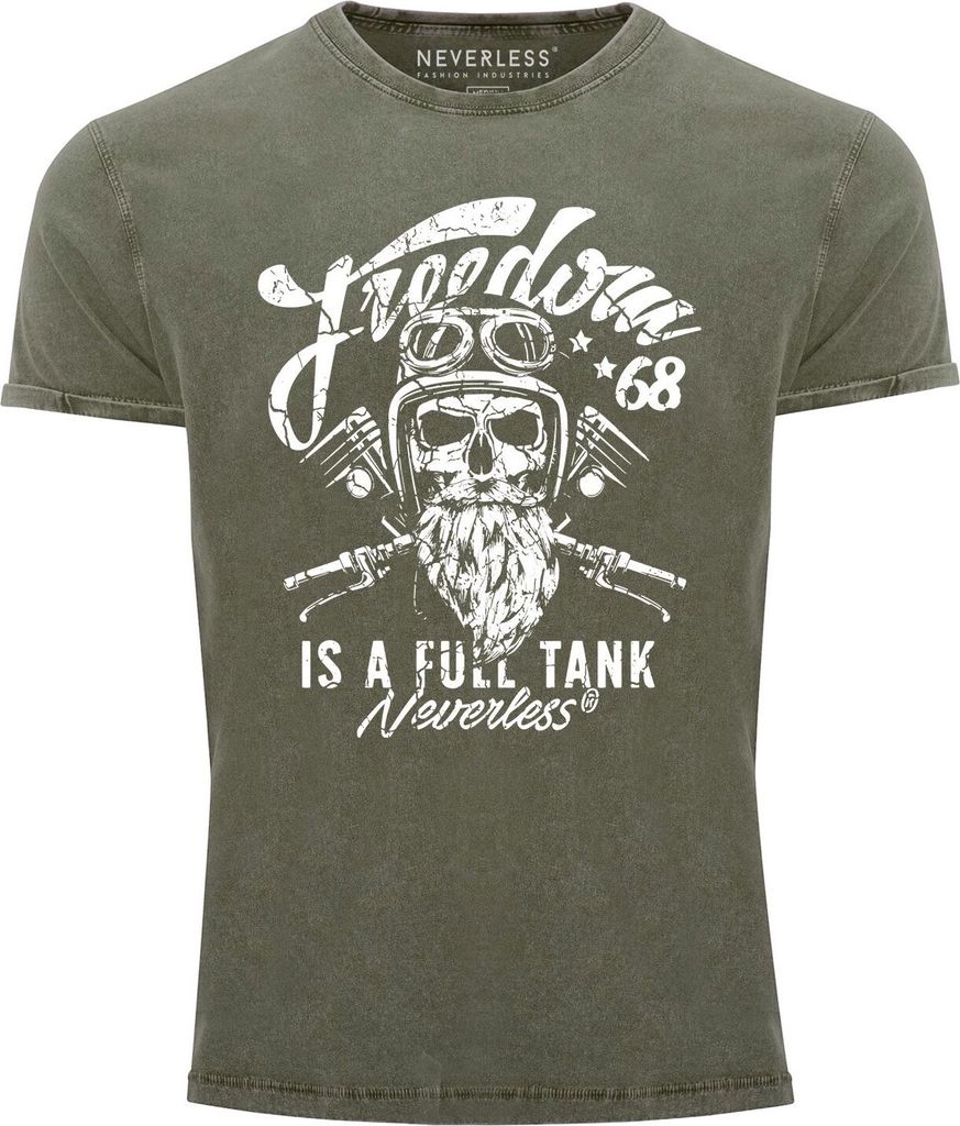 Cooles Angesagtes Herren T-Shirt Vintage Shirt Biker Spruch Motiv Totenkopf Aufdruck Used Look Slim Fit Neverless oliv L