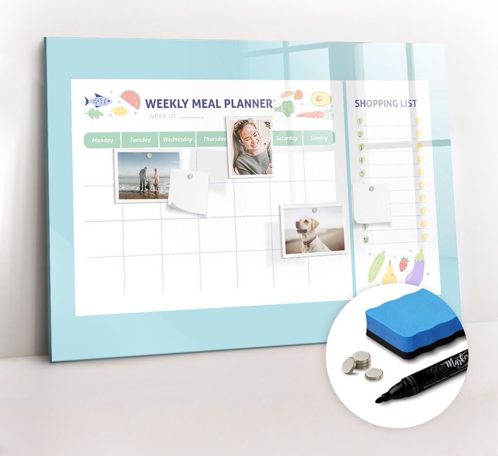 Magnetpinnwand Memoboard - Zubehörsatz - Schwarzer Marker + Schwamm + Magnete - 100 x 70 cm - Essensplaner