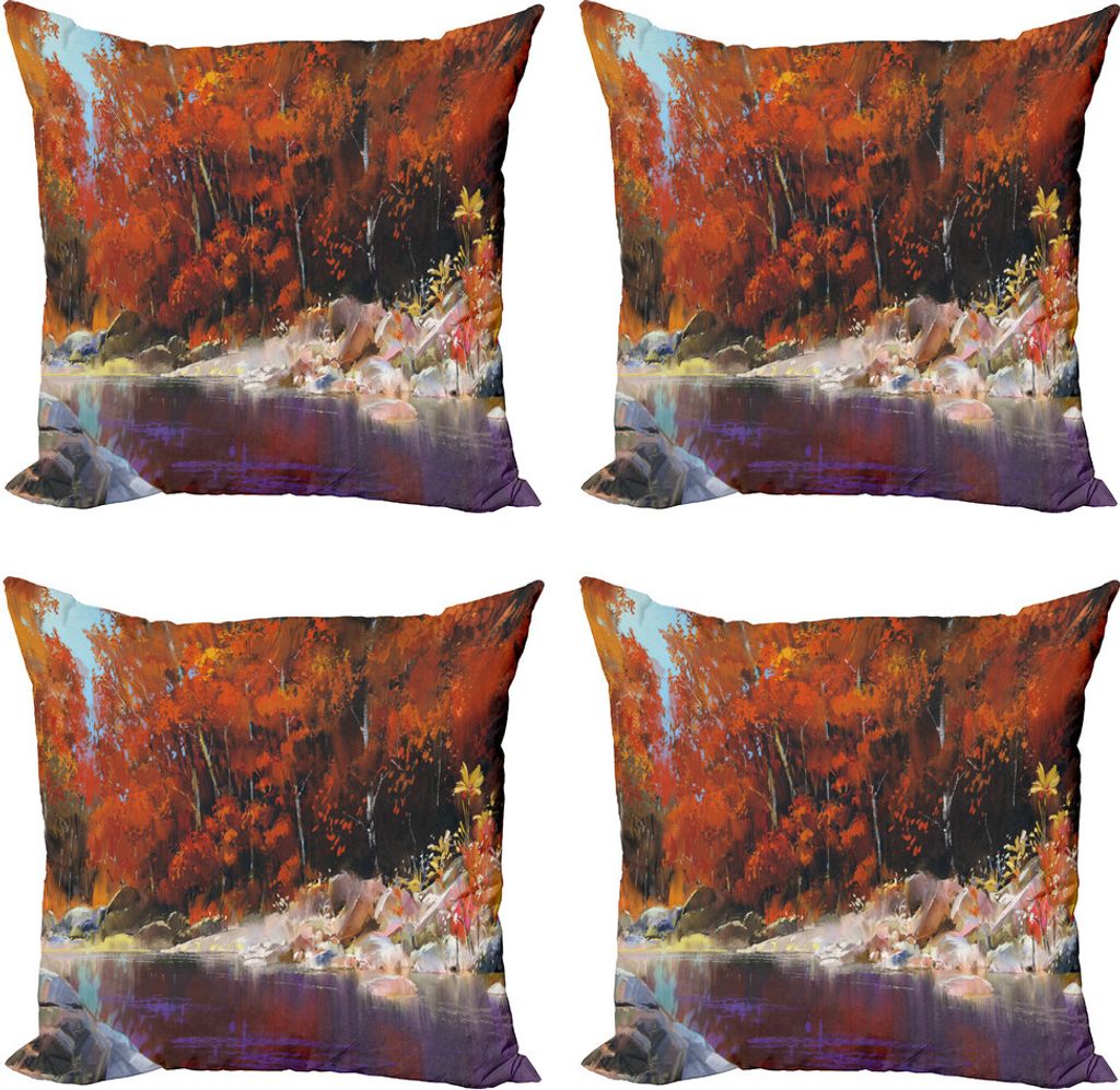 ABAKUHAUS Natur Kissenbezug Set (4 Stück), Herbst-Wald mit Felsen, Moderner Doppelseitiger Digitaldruck, 45 cm x 45 cm, Ginger Lila