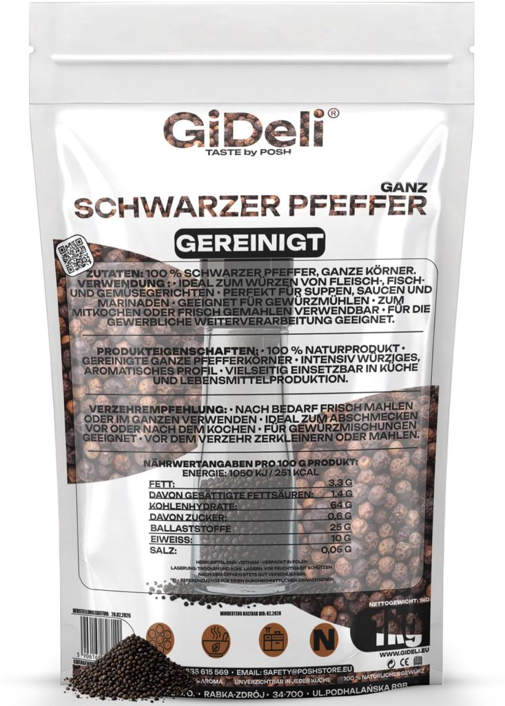 Schwarzer Pfeffer 1kg Ganz Pfefferkörner Gewürz Kochen Produktbild 