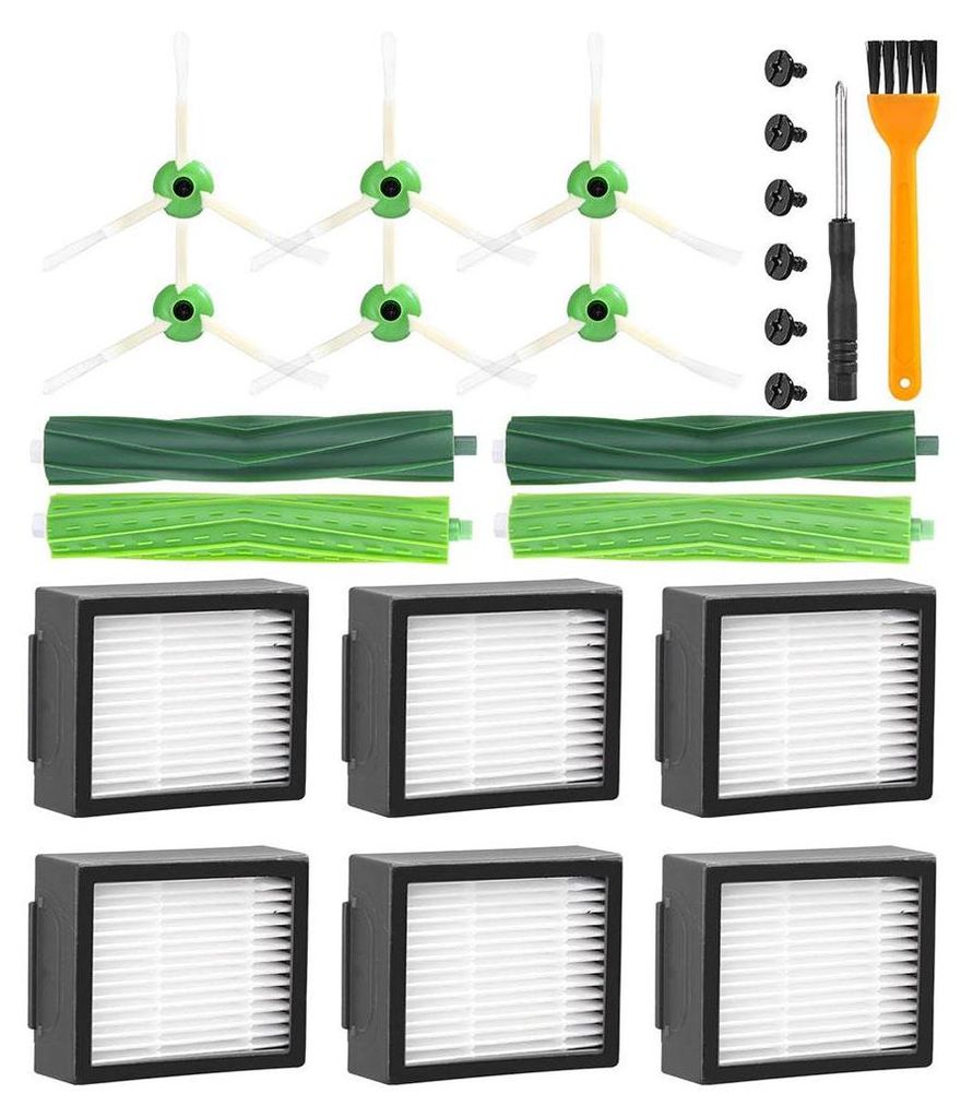 A collection of robot vacuum cleaner accessories, including brushes, filters, and a small screwdriver and brush.
