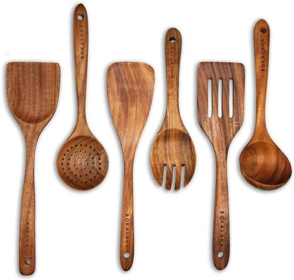 Ustensiles en teck pour cuisiner - Lot de 6 spatules anti-rayures