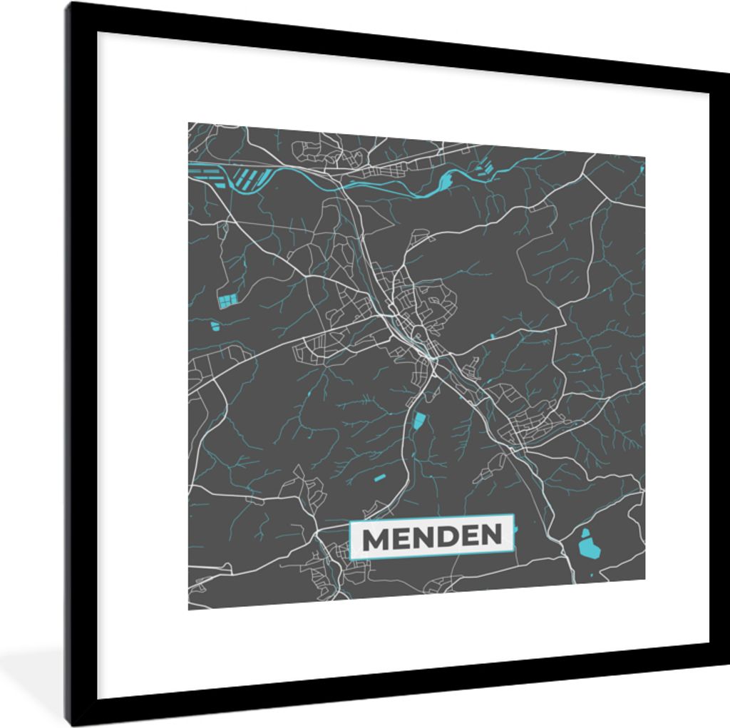 MuchoWow Gerahmtes Poster Karte - Karte von Menden - Deutschland - Blau 40x40 cm - Poster mit Schwarzem Bilderrahmen Wandposter Rahmen Foto Bilde...