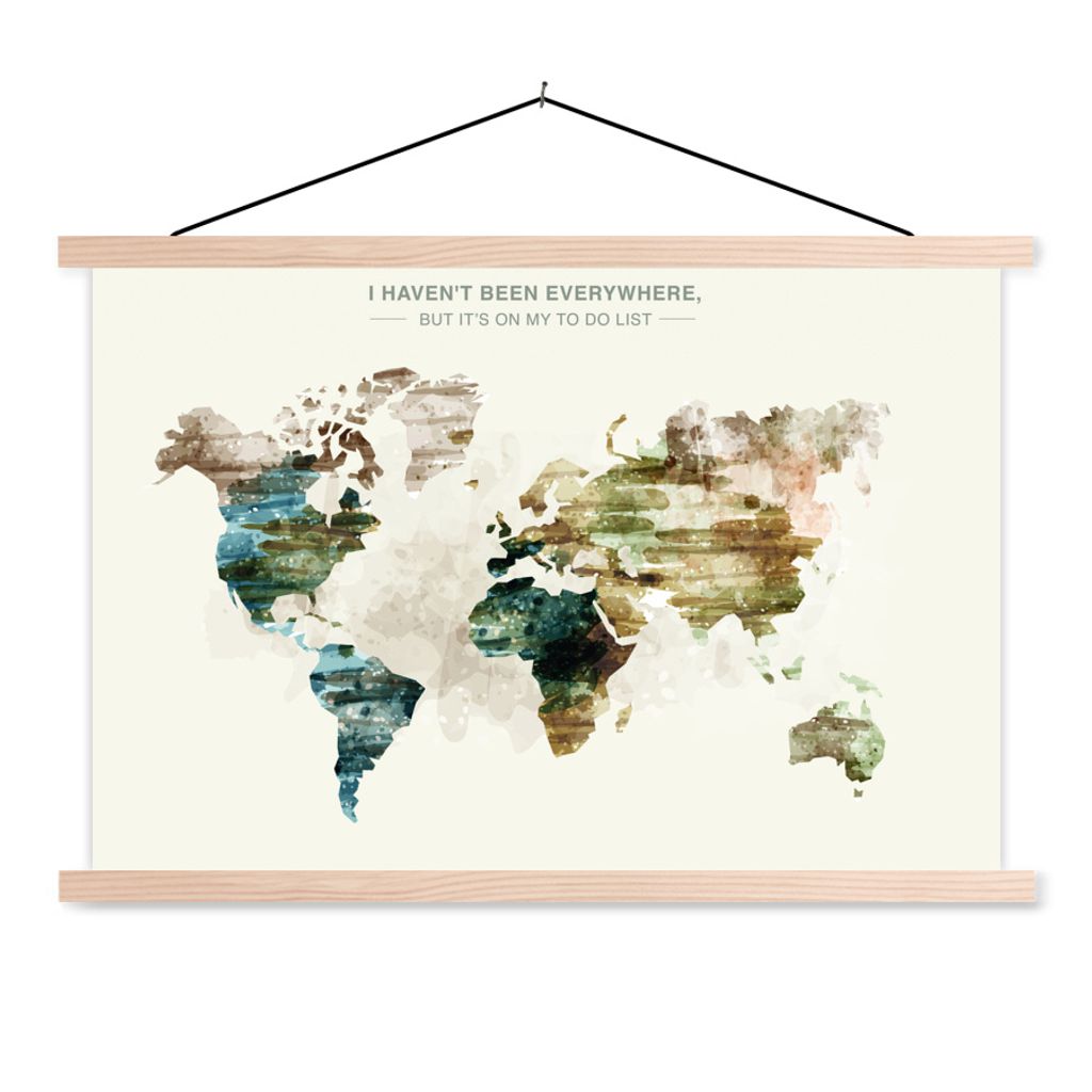 MuchoWow Textilposter Weltkarte - Farbe - Vintage 120x80 cm mit holzfarbenen Rahmen - Aufhängeset