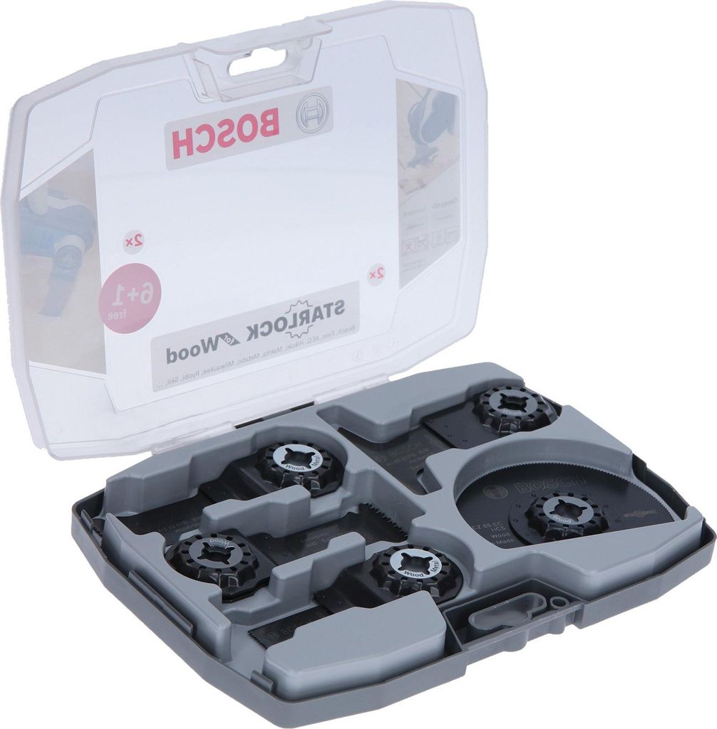A set of Bosch Starlock wood saw blades in their original packaging.