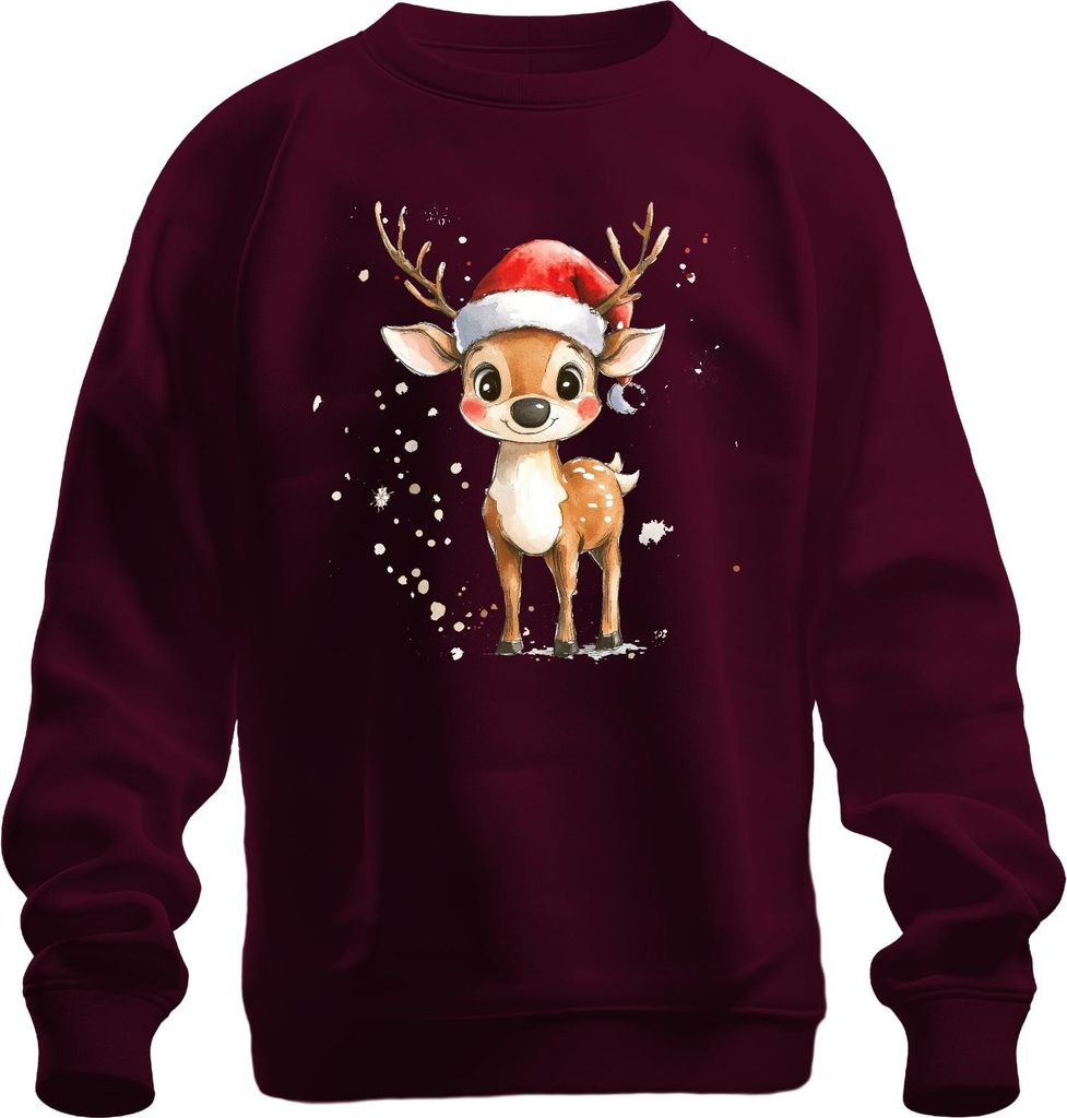 Weihnachtsrentier Aquarell Santa Hut Kinder Geschenk Niedlich Uni Sweatshirt Pullover, Burgundy, S