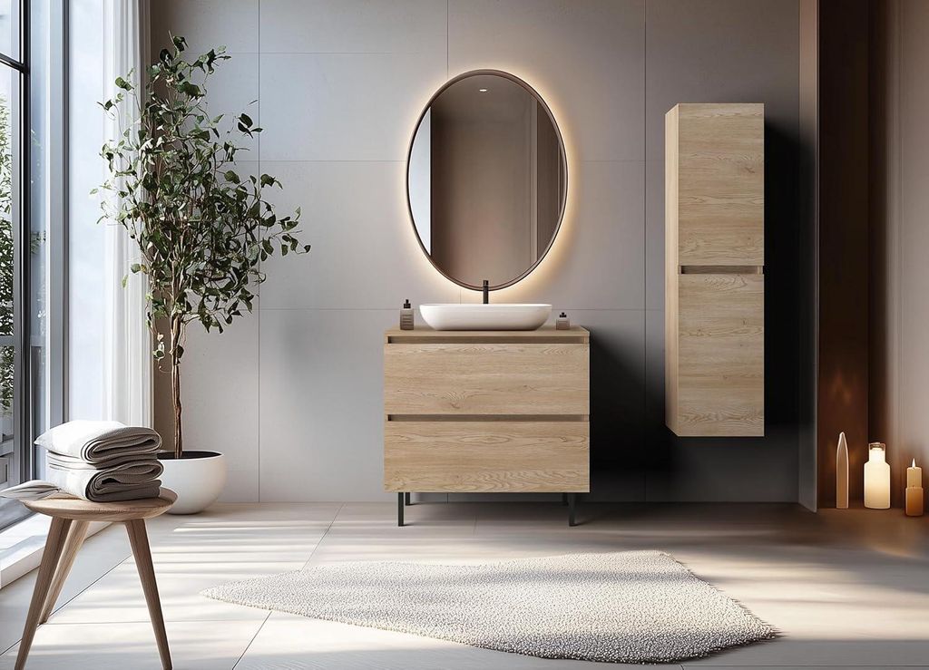 BADEZIMMERSCHRANK 80 cm + Möbelfüße, Farbe: helle Eiche, 80 x 46 x 80,7 cm