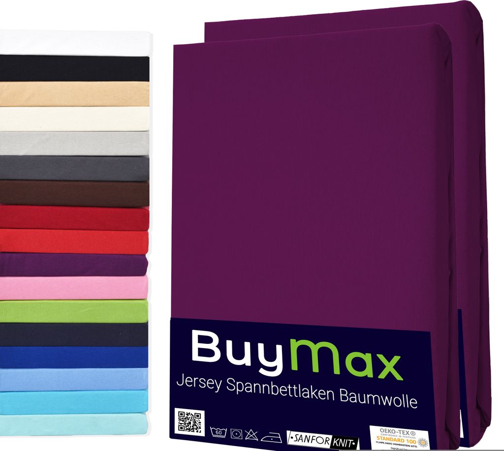 Buymax Spannbettlaken 160x200cm Doppelpack 100% Baumwolle Spannbetttuch Bettlaken Jersey, Matratzenhöhe bis 25 cm, Farbe Aubergine