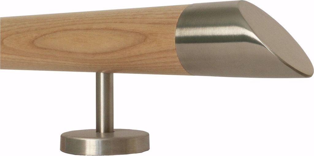 TIBU Esche Holz Handlauf Geländer 0,3m - 5m, Länge 400 cm, schräges Edelstahlendstück und 5 gerade Halter