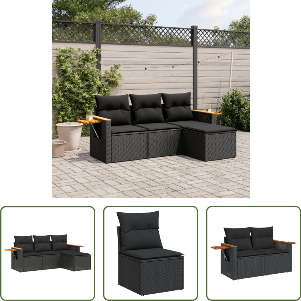 The Living Store 4-tlg. Garten-Sofagarnitur mit Kissen Schwarz Poly Rattan