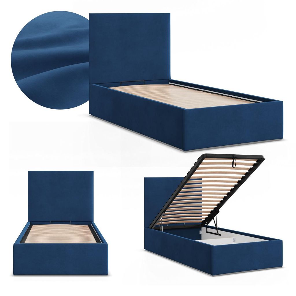 Einzelbett 90x200 Polsterbett PAOLA mit Bettkasten, hochklappbarer Lattenrost, Stauraum, Blau