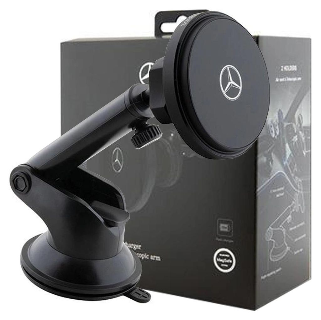 A black Mercedes-branded magnetic car mount with a suction cup base is shown in front of its packaging.