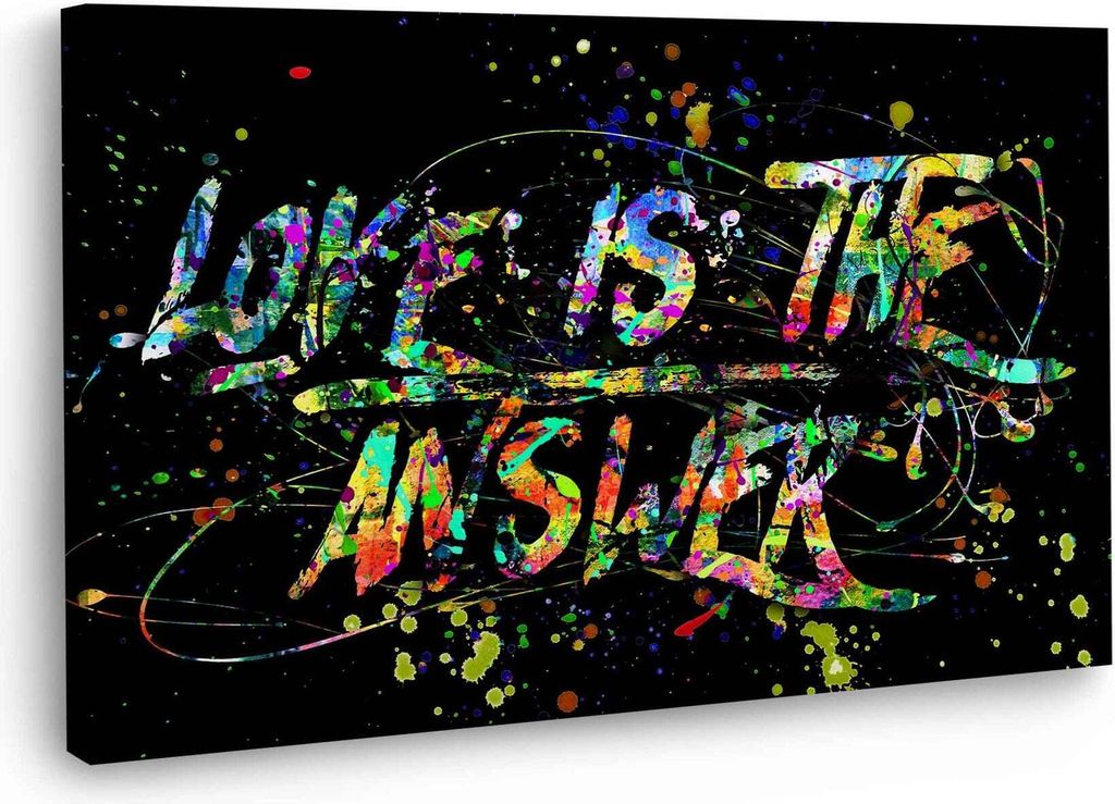 Zitat Love Is The Answer Pop Art Wandbild Leinwandbild Kunstdruck XL Deko: 90x60x4cm