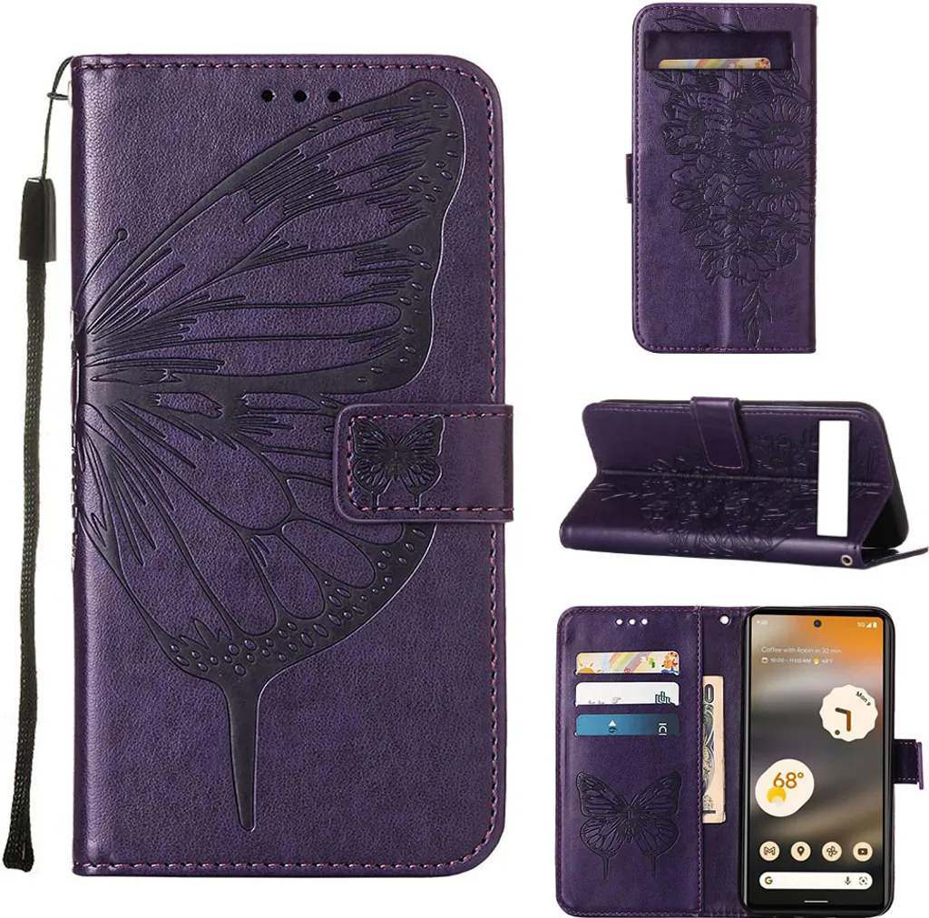 Cover Google Pixel 7A Viola Butterfly: Stile Portafoglio in Pelle
