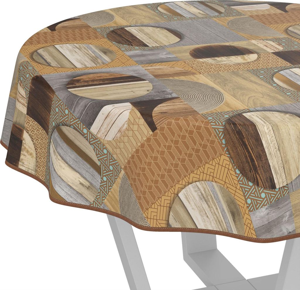Tischdecke Vintage Holz Patchwork Braun Rund 140cm mit Band-Kante Wachstuch abwaschbar