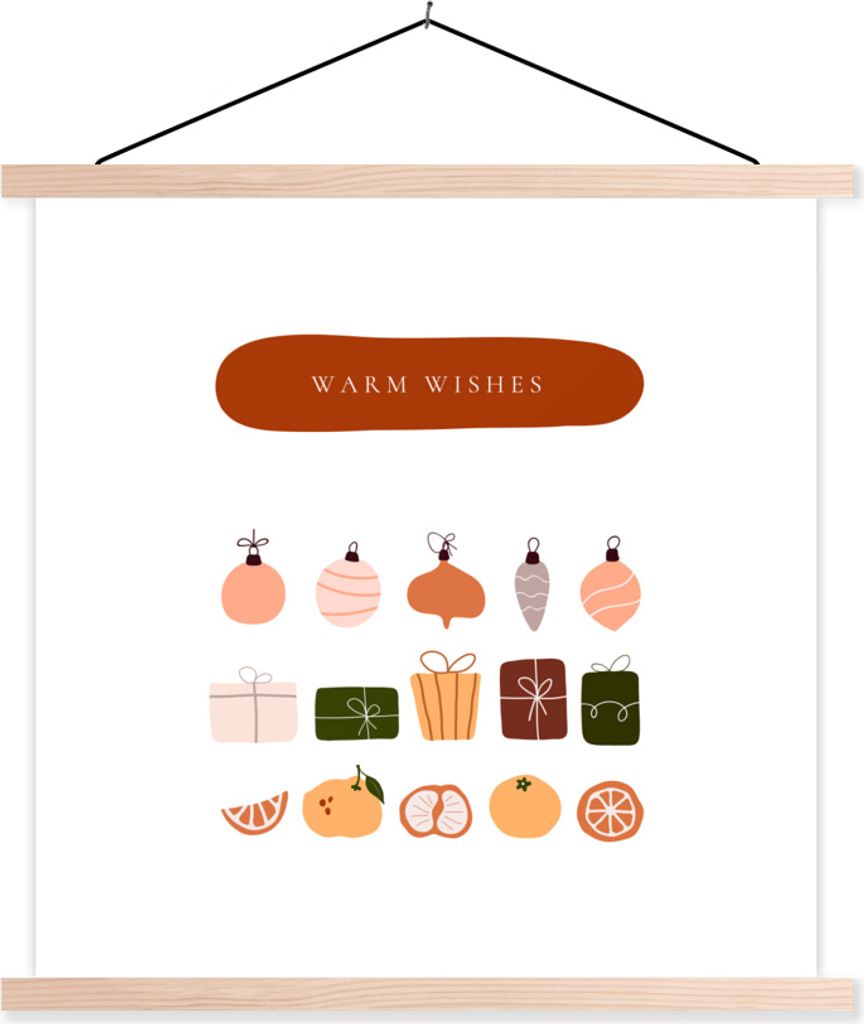 MuchoWow Textilposter Geschenke - Weihnachtskugeln - Früchte - Zitate 120x120 cm mit holzfarbenen Rahmen - Textil-Poster