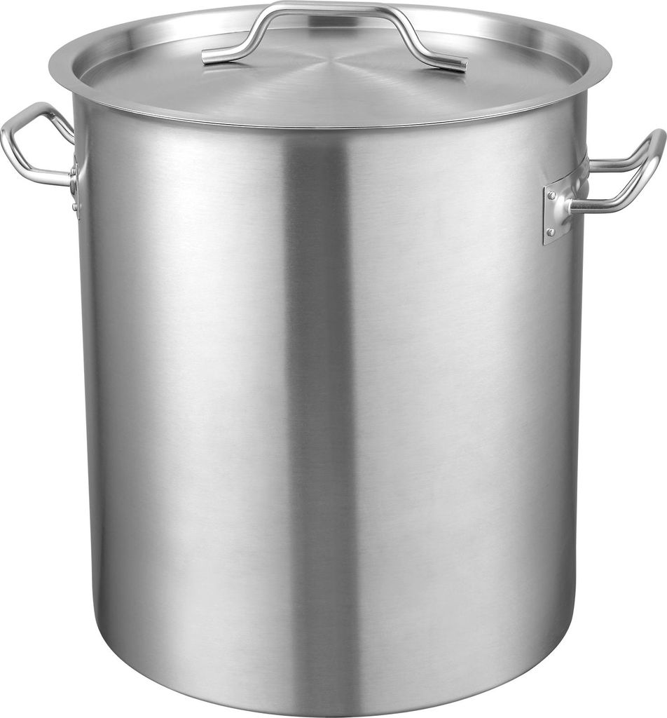 A large, silver stainless steel stockpot with a lid and handles, shown from a front-side angle against a white background.