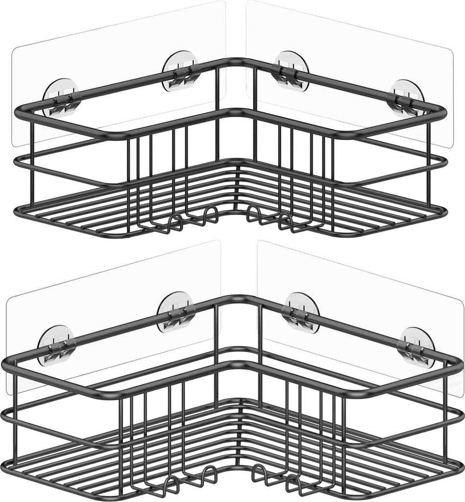 Eck-Dusch-Caddy - Badregal mit Haken - 2er-Pack - Schwarz - Edelstahl
