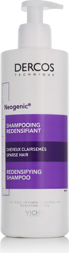 A white bottle of Vichy Dercos Neogenic Redensifying Shampoo with purple accents and text.