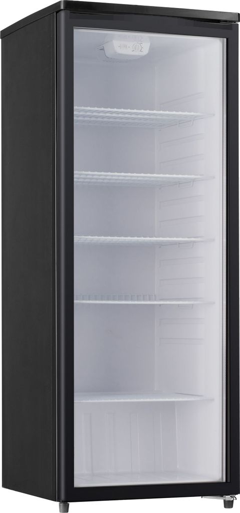 A black glass door refrigerator with multiple shelves.
