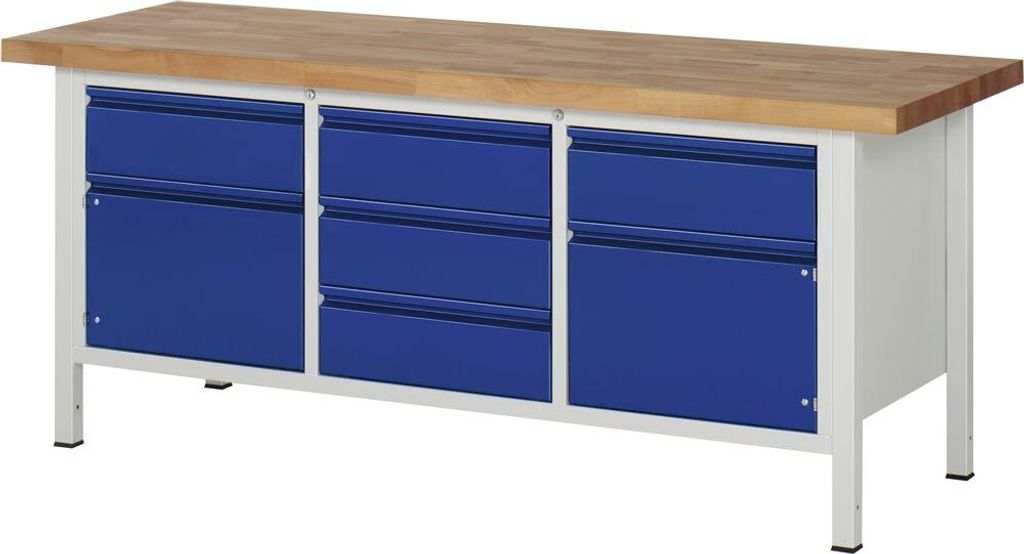 Werkbank mit 2 Schränken - 5 Schubladen - 180:5 - 840 x 2.000 x 700 mm (HxBxT) - Traglast 1.250 kg - Buche