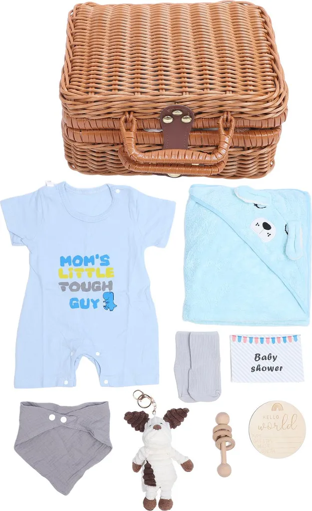 Panier Cadeau Naissance Bleu avec Vêtements, Poupée et Hochet en Bois