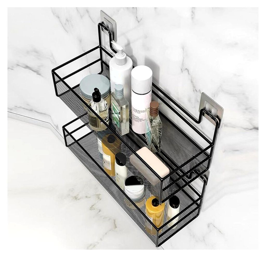 Hängendes Aufbewahrungsregal für das Badezimmer aus Metall in Schwarz zur Aufbewahrung von Shampoo, Seife und Waschutensilien mit Drahtkorb für ...