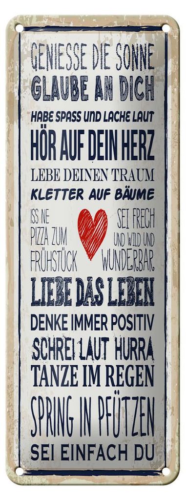 Blechschild genieße die Sonne glaube an dich, 27 x 10 cm, Blechschilder Spruch Glück Weisheit