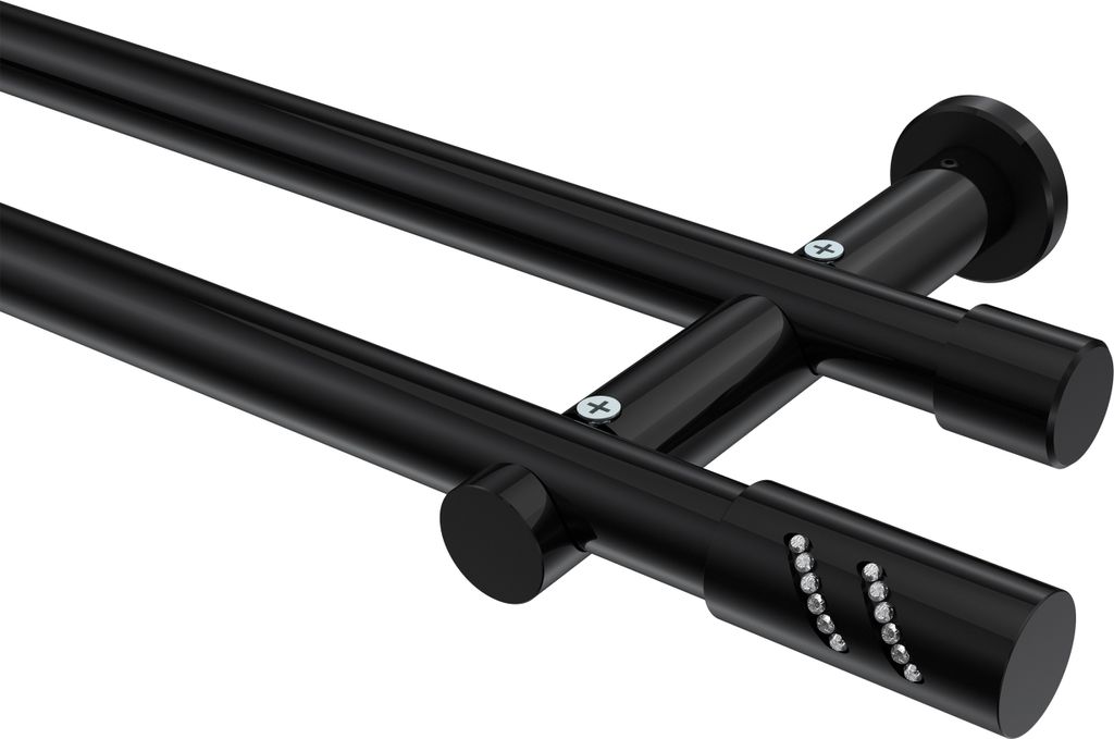 Interdeco Gardinenstange / Vorhangstange Schwarz, Typ Platon Zoena (Glitzerzylinder) ohne Ringe, 20 mm Ø 2-läufig, 240 cm