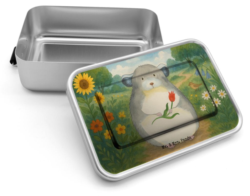 Mr. & Mrs. Panda Snackbox Chinchilla Blume Design - Weiß - Geschenk, Metall Brotbox, Glücklichsein, Brotdose, Chaos, Kummer, Vesperbox, Lunchbox,...