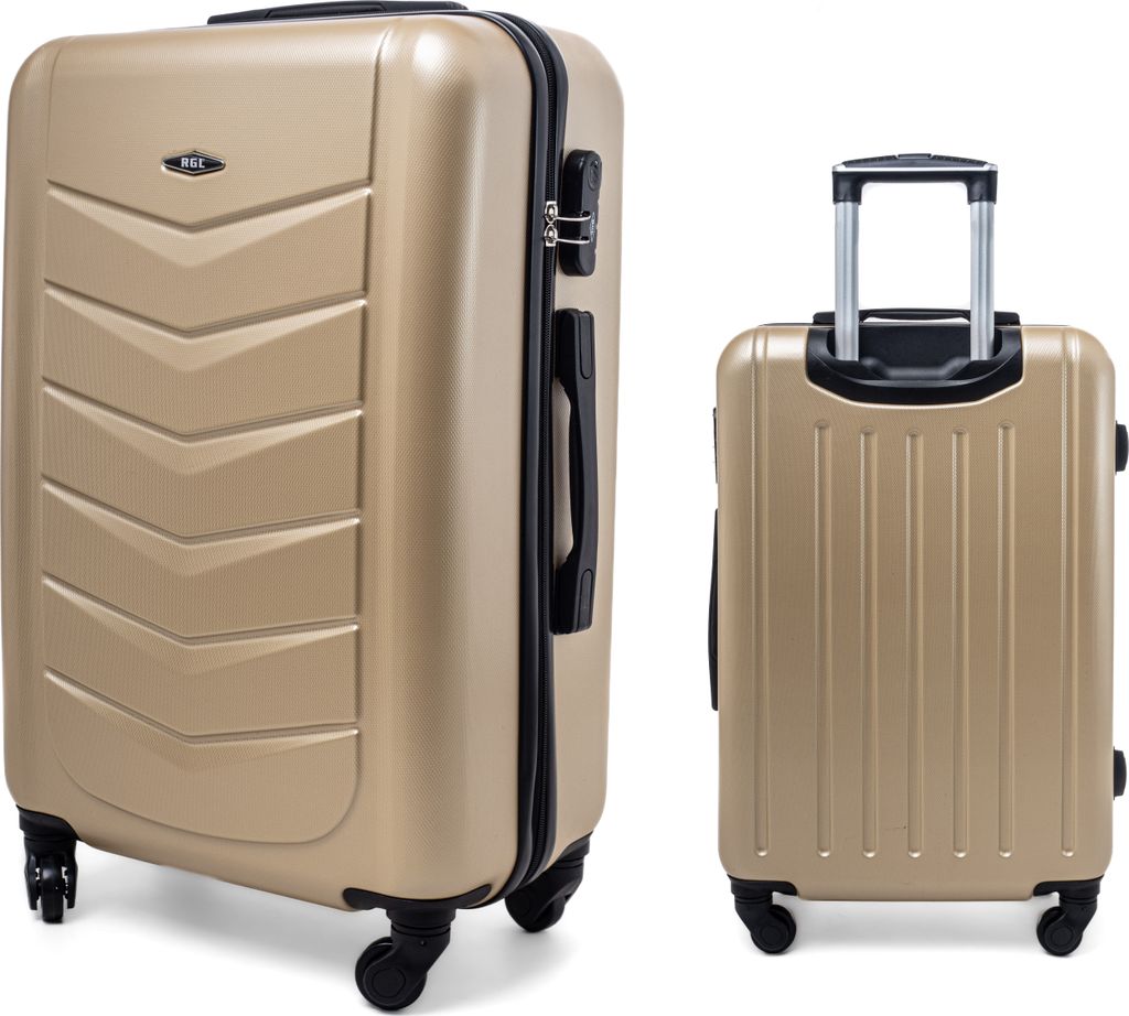 Two suitcases, one larger and one smaller, are shown side-by-side against a white background. The larger suitcase is shown from the side, while the smaller one is shown from the front.
