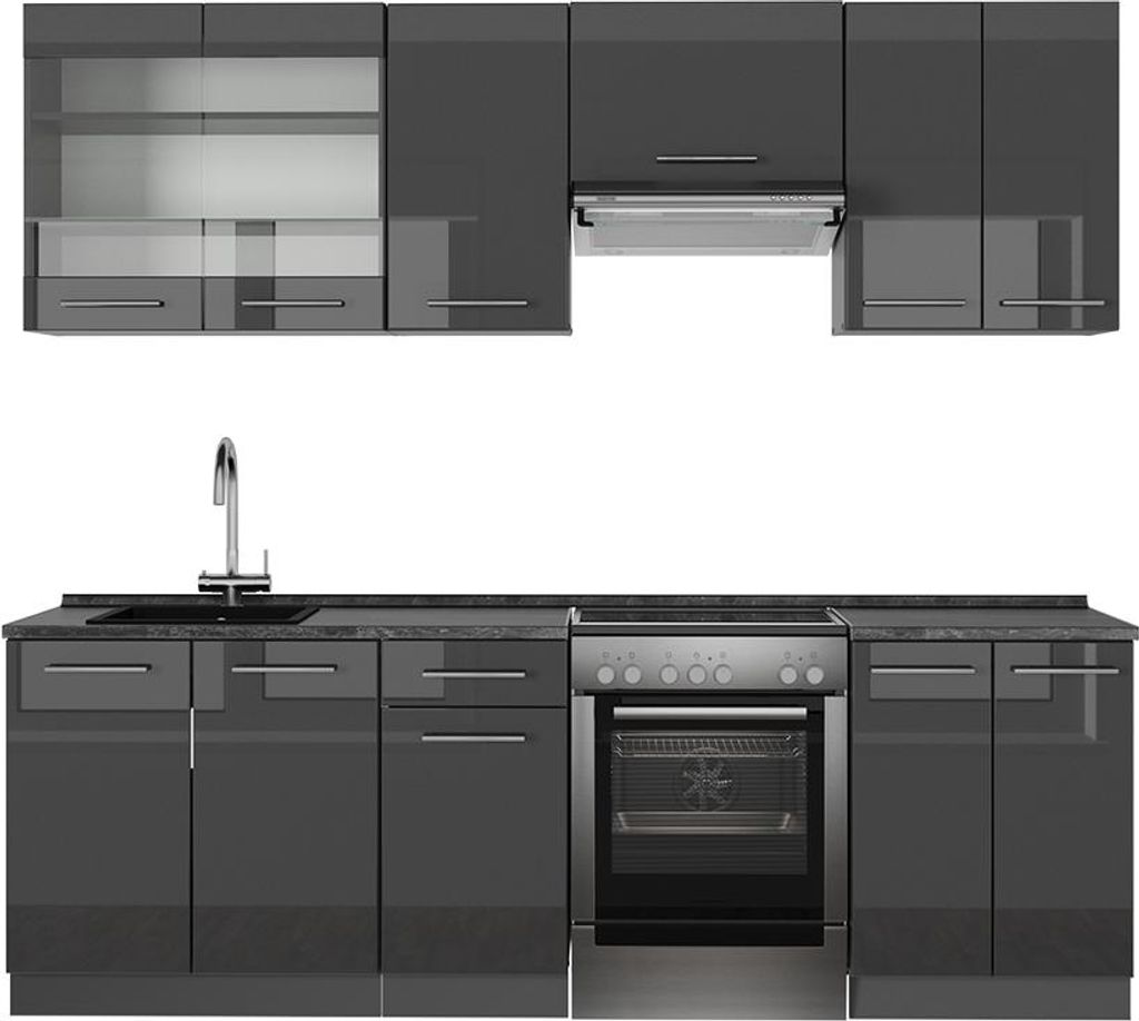 Küchenzeile Vicco Fame-Line Anthrazit Hochglanz 240 cm , AP Anthrazit, Model 57051
